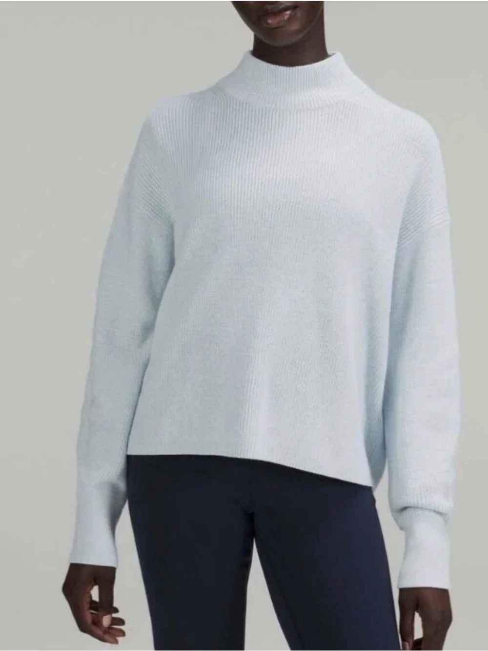 Like New! Lululemon Merino Wool-Blend Mock Neck Lt. Blue Sweater, Sz XL